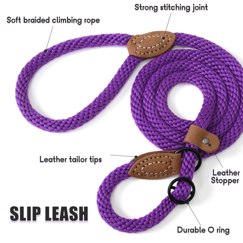 Mile High Life Slip Leads for Dogs | Heavy Duty Dog Training Leash | 4 Feet No Pull Slip Leashes w Leather Tip | Purple Rope Lead for Dogs Outside - Image 5